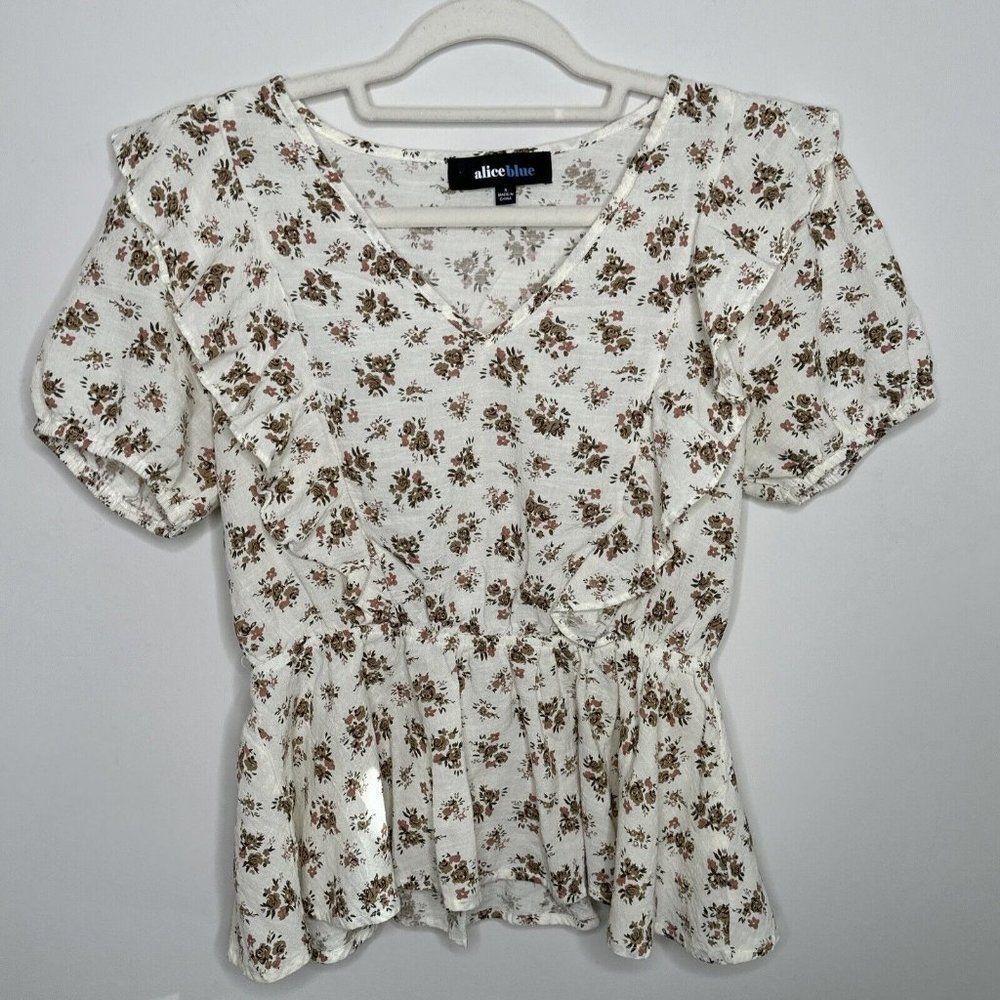 Alice Blue Women’s S Beige Green Floral Top Peplum Waist Short Sleeves Romantic